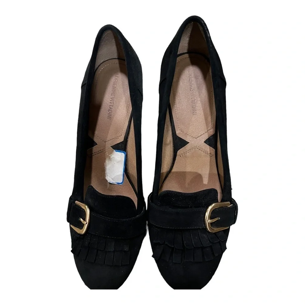 Adrienne Vittadini Black Suede Ginty Pumps Size 10 Block Heel Loafer Buckle